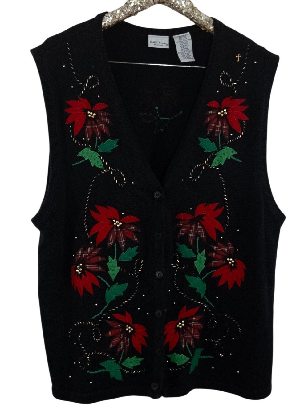 Vintage 90s Bobbie Brooks Womens Black Christmas Sweater Vest Size 18W Poinsetta